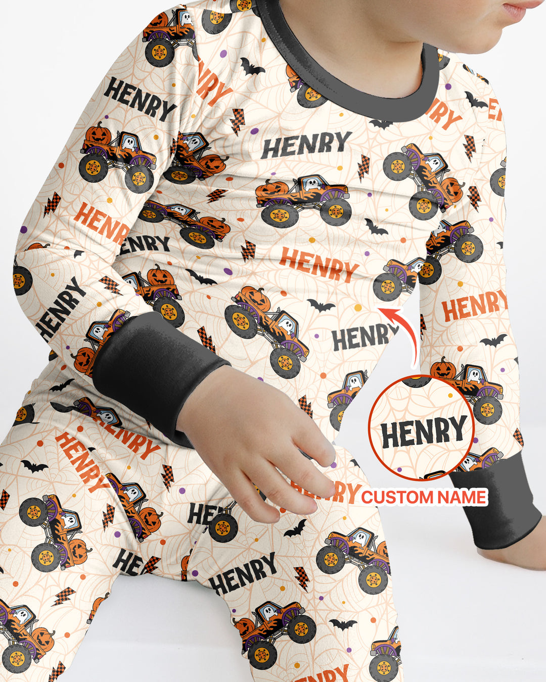 Custom Name Halloween Monster Truck Bamboo Two Piece Long Sleeve Pajama Set