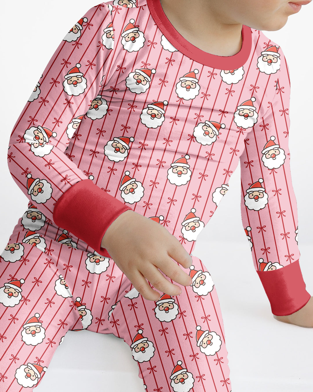 Pink Santa Bow Stripe Christmas Bamboo Two Piece Long Sleeve Pajama Set
