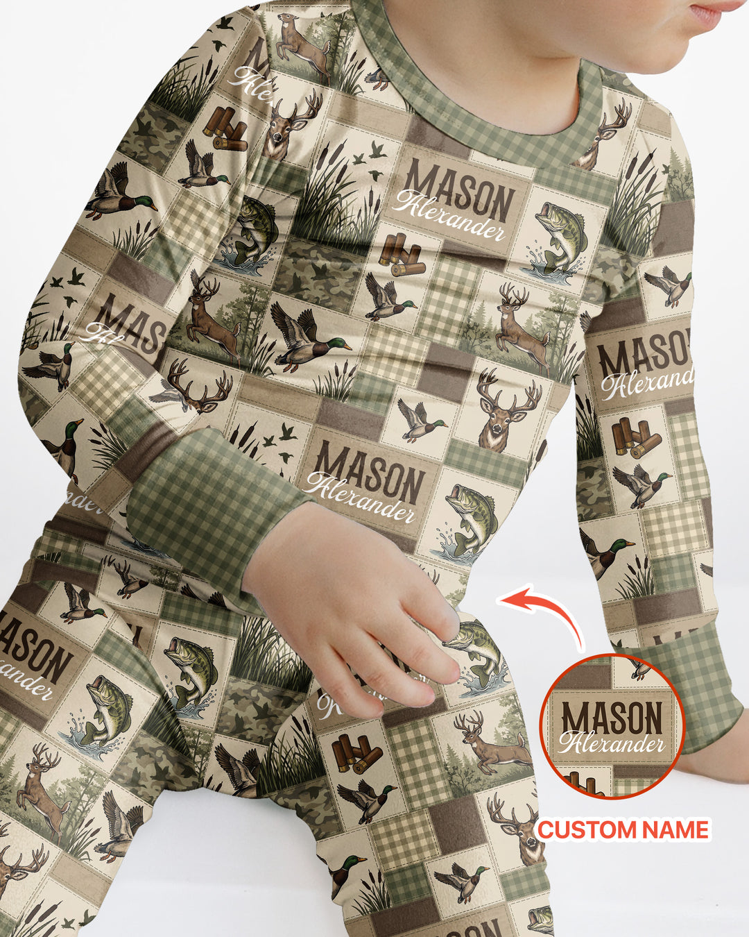 Personalized Hunting Patchwork Bamboo Two Piece Long Sleeve Pajama Set