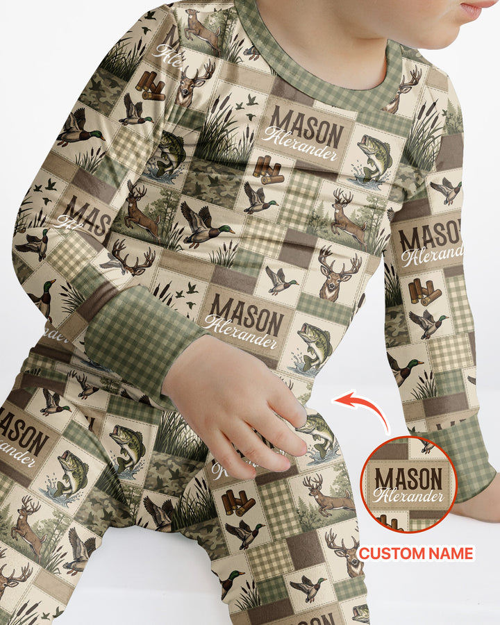 Personalized Hunting Patchwork Bamboo Two Piece Long Sleeve Pajama Set