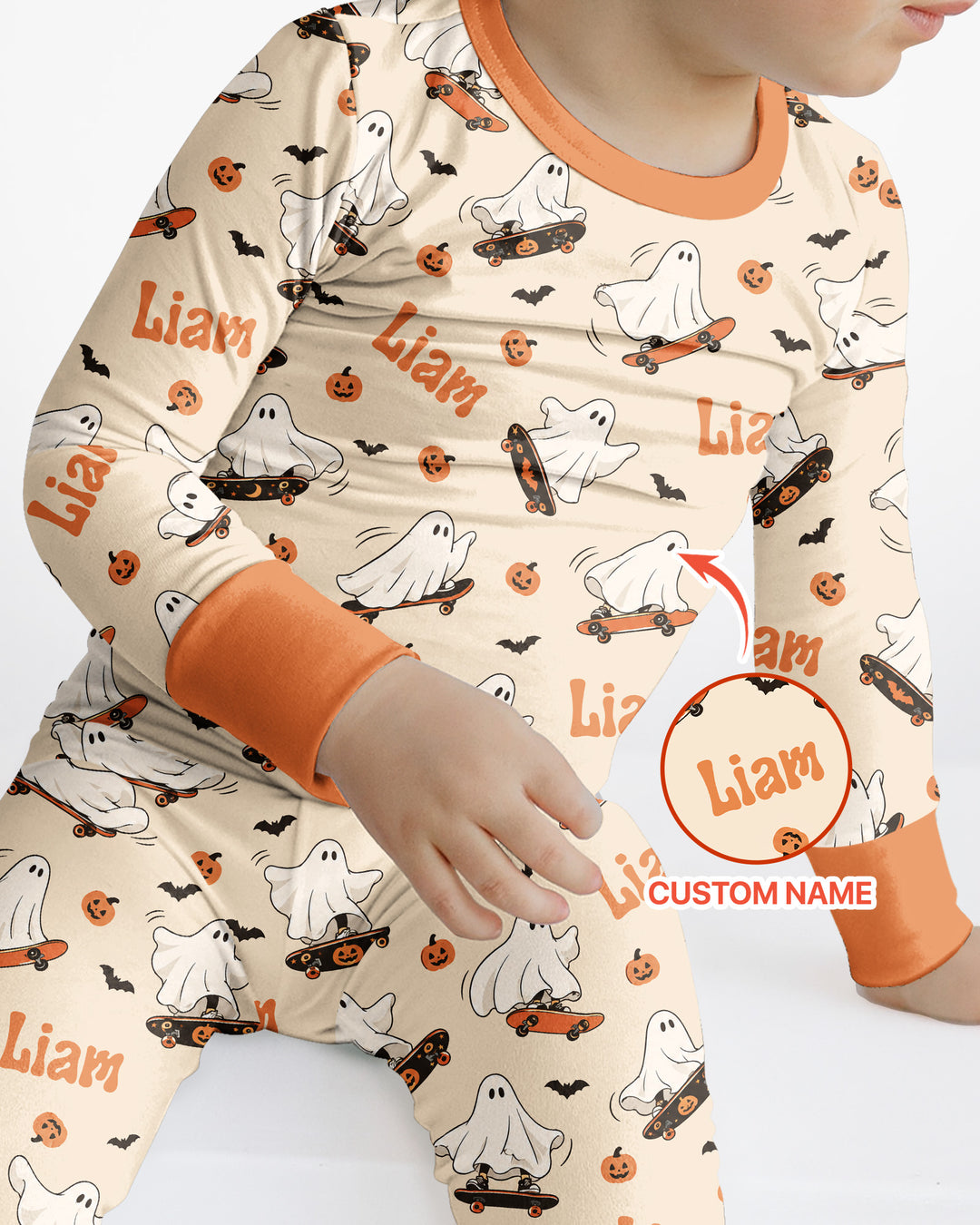 Skateboarding Ghost Halloween Bamboo Two Piece Long Sleeve Pajama Set