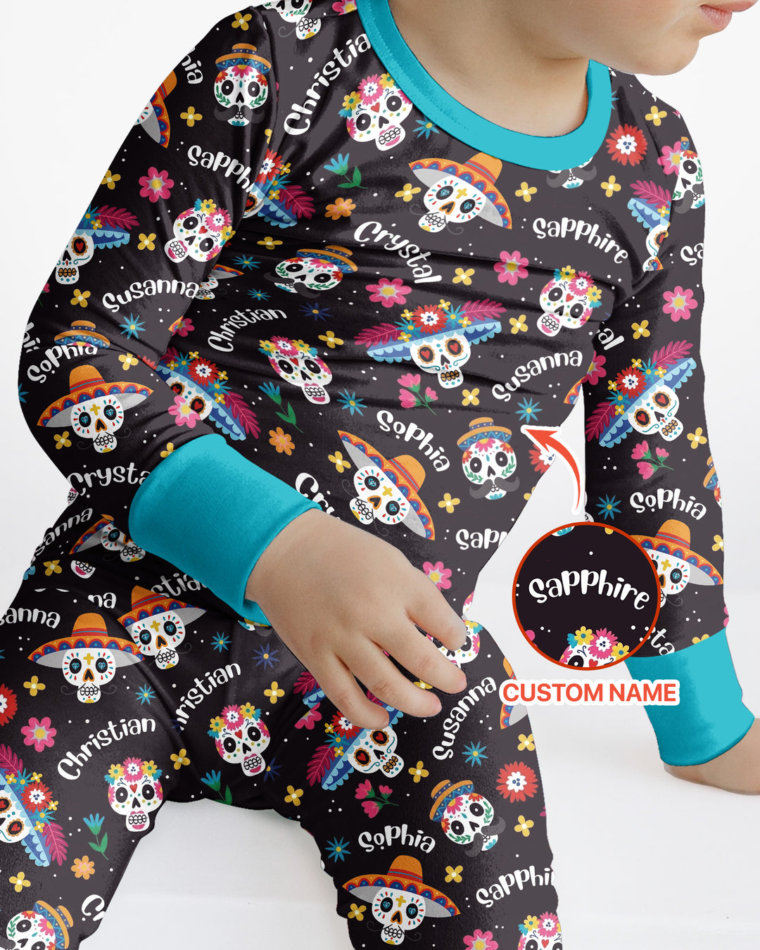 Custom Name Dia De Los Muertos Bamboo Two Piece Long Sleeve Pajama Set