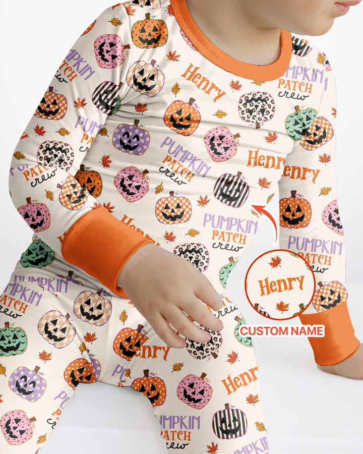 Custom Name Pumpkin Patch Crew Bamboo Two Piece Long Sleeve Pajama Set