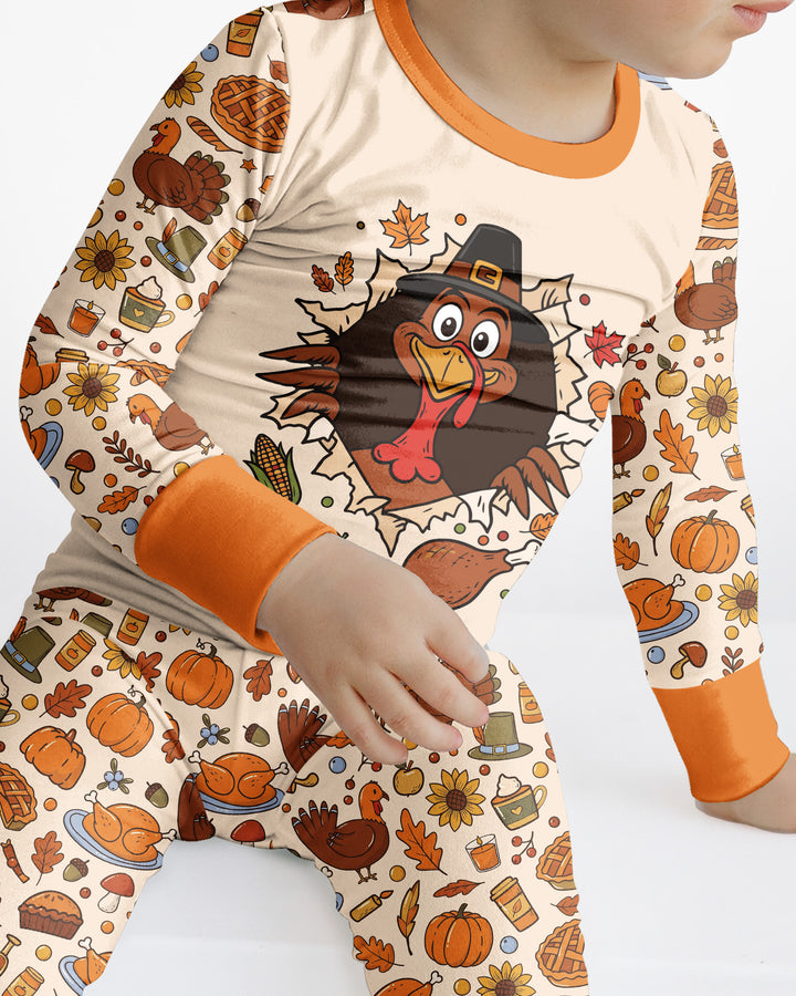 Funny Turkey on Thanksgiving Bamboo Two Piece Long Sleeve Pajama Set