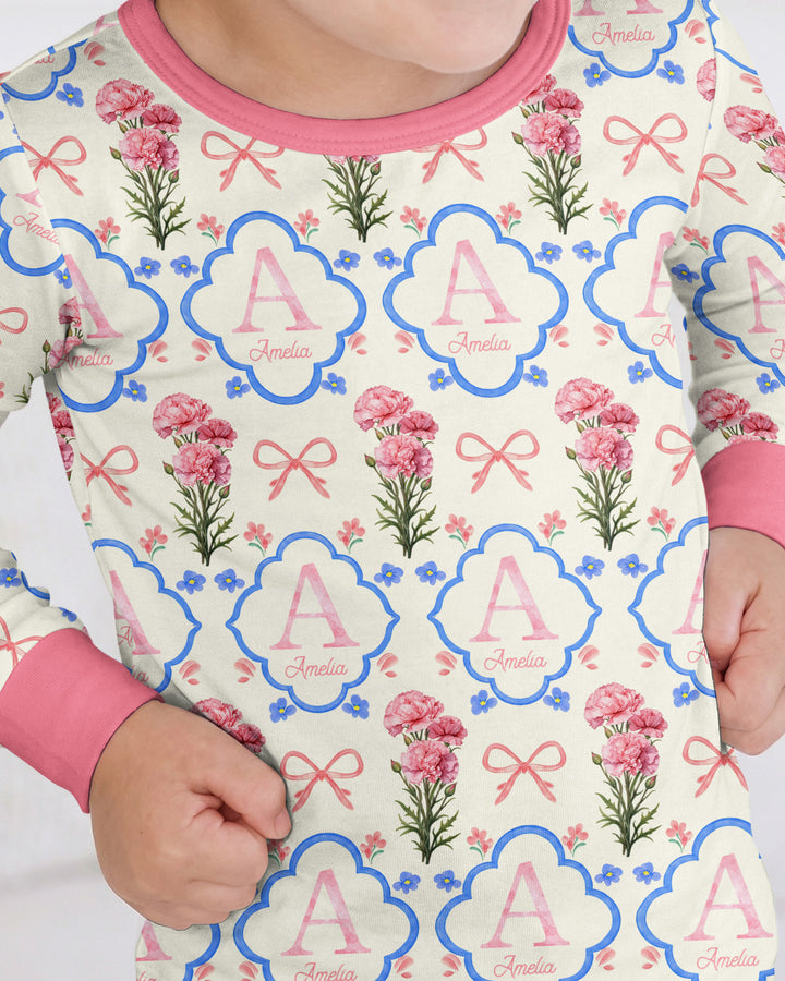 Personalized Birth Flower Mommy And Me Matching Bamboo Two Piece Long Sleeve Pajama Set