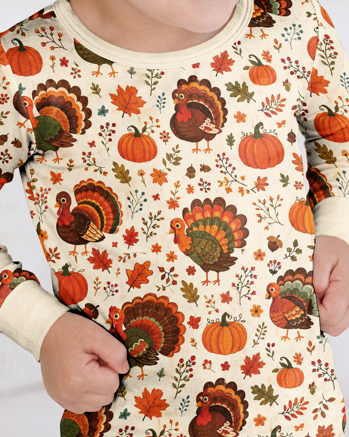 Turkey Autumn Pumpkin Bamboo Two Piece Long Sleeve Pajama Set