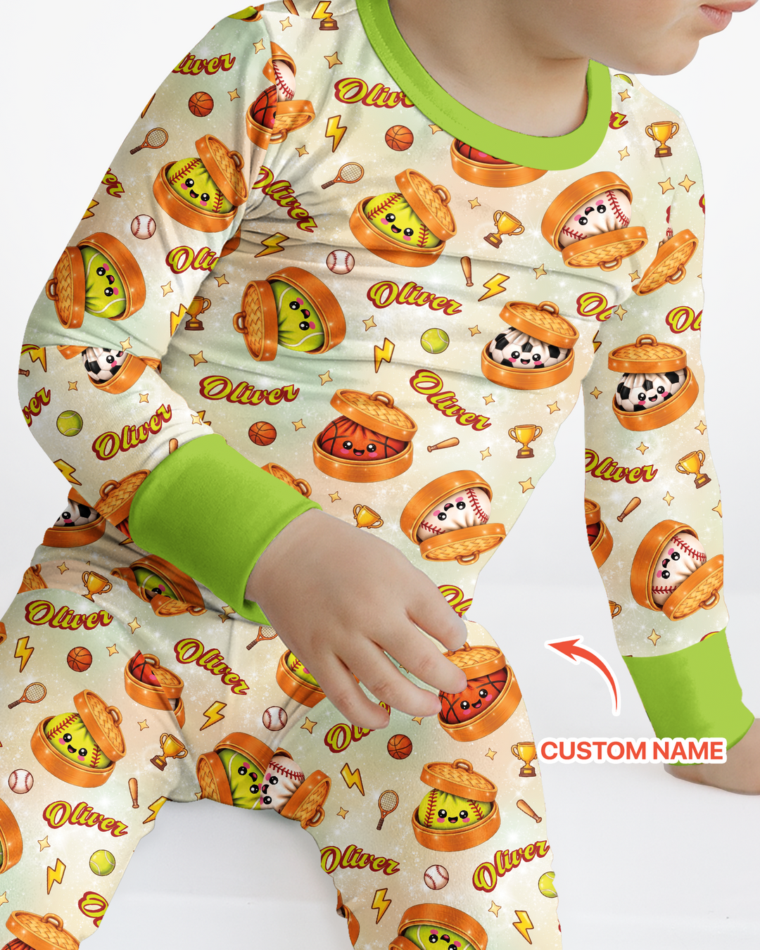 Custom Name Sports Dumpling Bamboo Two Piece Long Sleeve Pajama Set