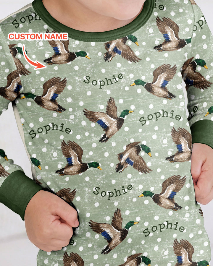 Custom Name Flying Mallard Duck Bamboo Two Piece Long Sleeve Pajama Set