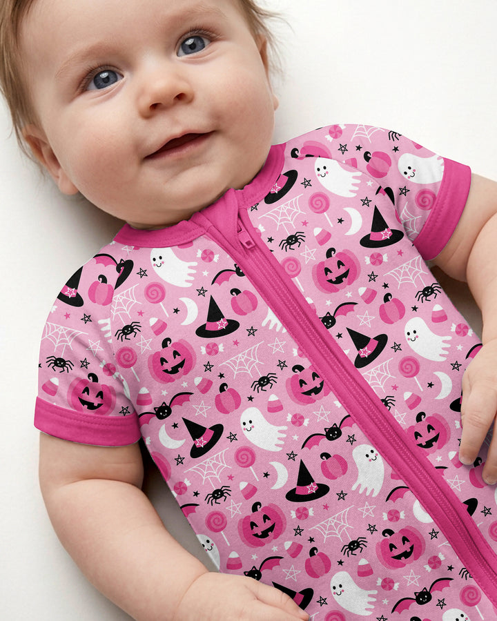 Cute Pink Halloween Ghost Pumpkin Witch Bamboo Shorty Zippy