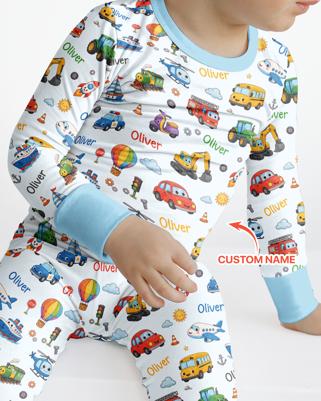 Custom Name Cute Transport Bamboo Two Piece Long Sleeve Pajama Set