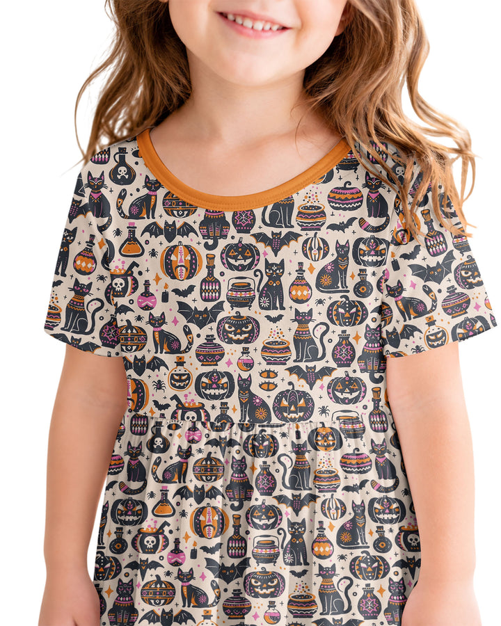 Whimsical Tribal Retro Halloween Black Cats Pumpkins Bamboo Twirl Dress