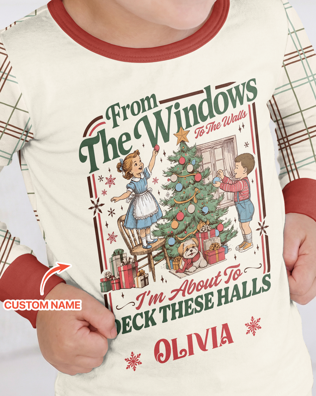 Custom Name Vintage Deck The Halls Bamboo Two Piece Long Sleeve Pajama Set