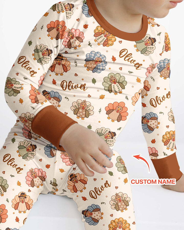 Custom Name Boho Turkey Bamboo Two Piece Long Sleeve Pajama Set