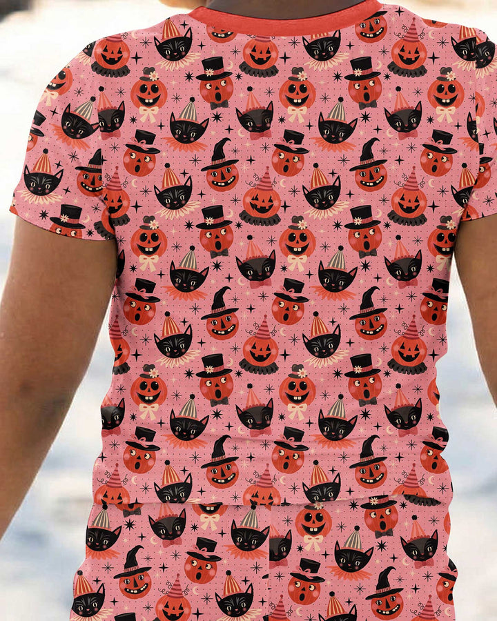 Retro Halloween Cats and Funny Pumpkins Bamboo Two Piece Short Sleeve Pajama Set