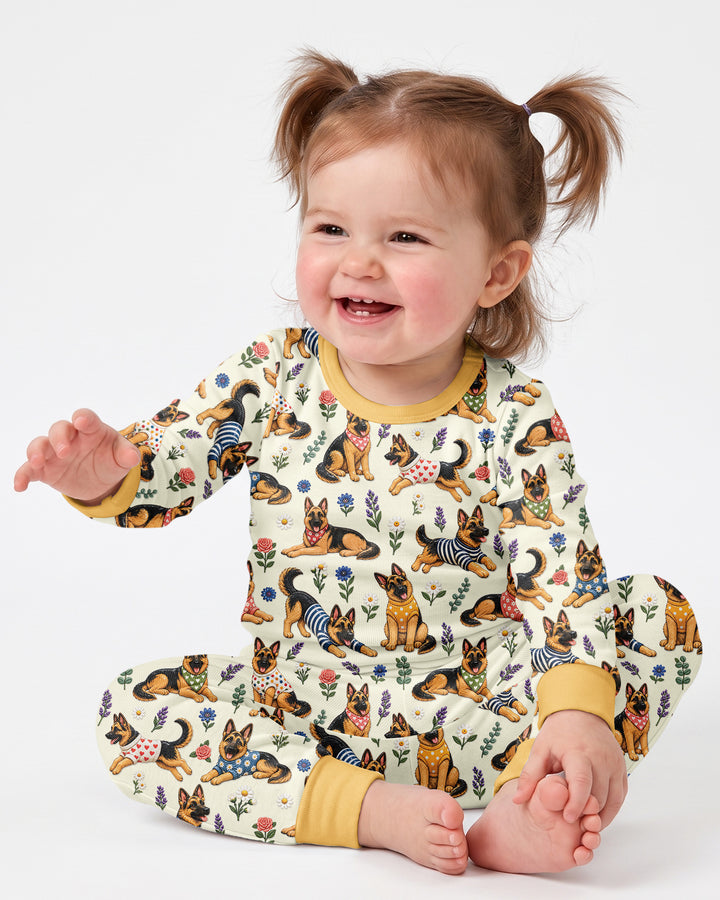 Floral German Shepherds Bamboo Two Piece Long Sleeve Pajama Set