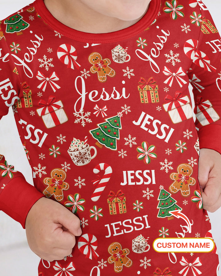 Merry Christmas Custom Name Bamboo Two Piece Long Sleeve Pajama Set