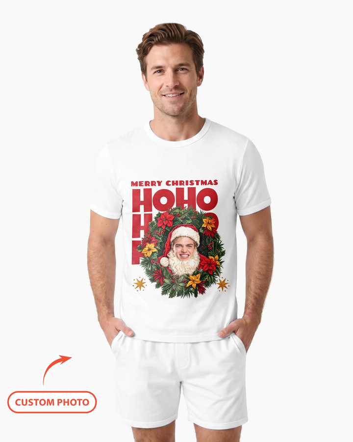 Personalized Photo Christmas Santa Bamboo Men Short Sleeve Short Pajama Set