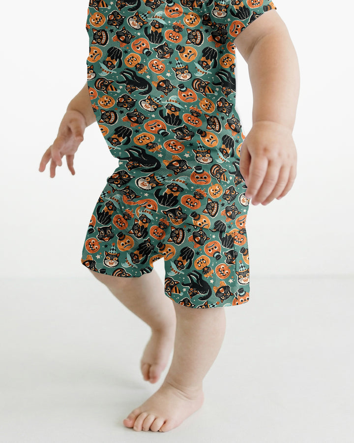 Retro Black Cat Witch Pumpkin Halloween Bamboo Two Piece Short Sleeve Shorts Pajama Set