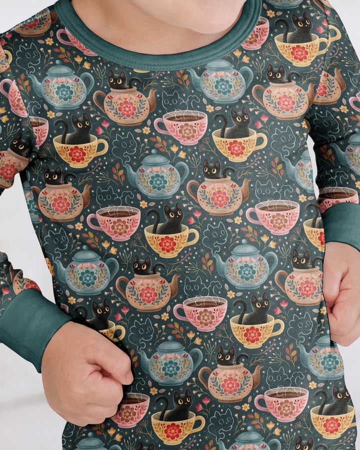 Folk Floral Black Cat Tea Party Bamboo Two Piece Long Sleeve Pajama Set