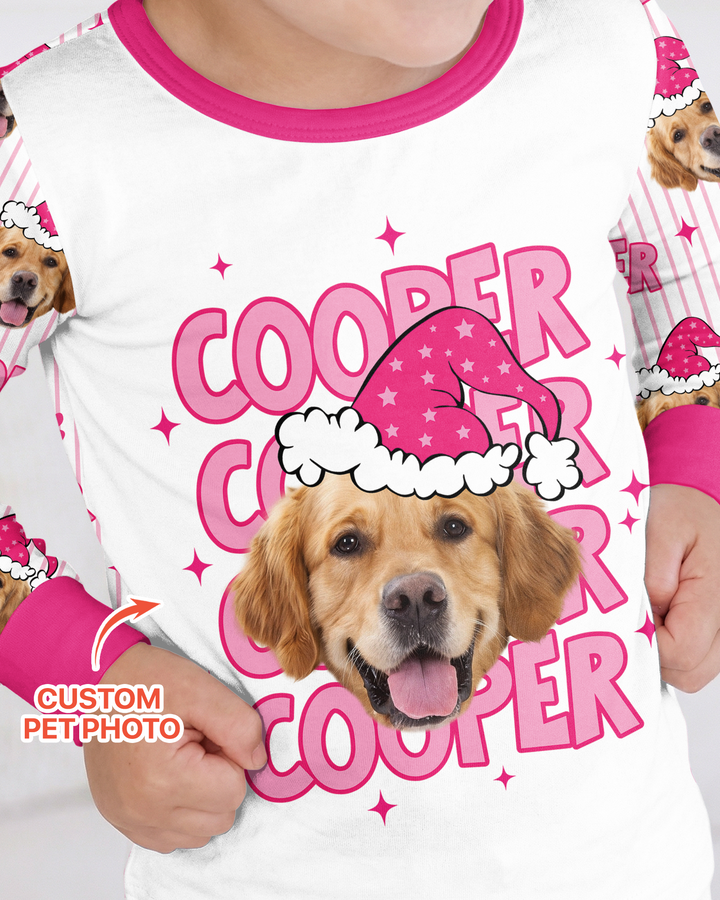 Personalized Pink Santa Dog Bamboo Two Piece Long Sleeve Pajama Set