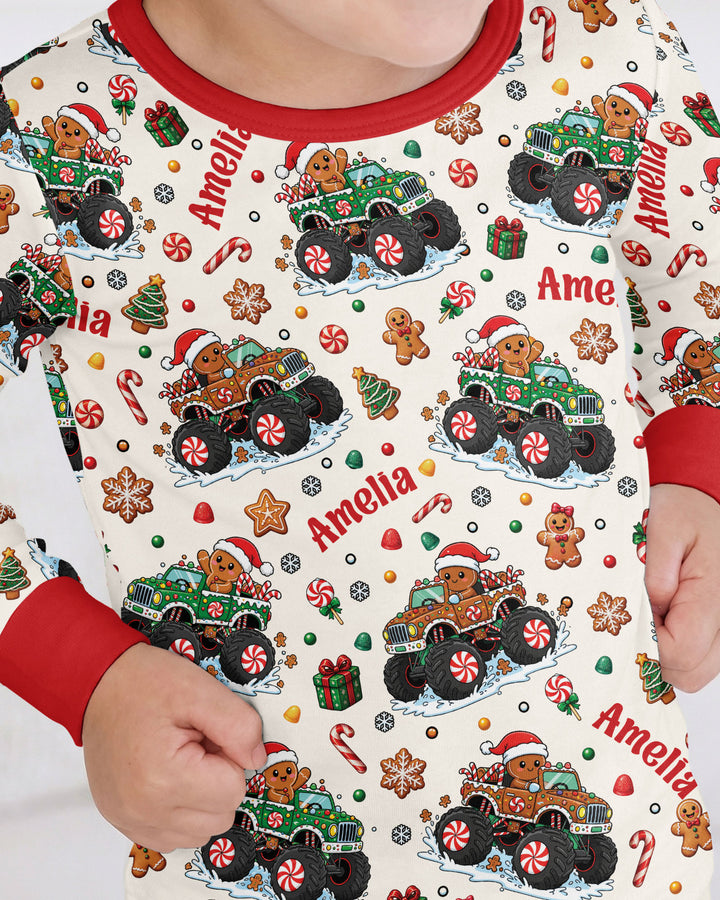 Custom Name Monster Truck Gingerbread Bamboo Two Piece Long Sleeve Pajama Set