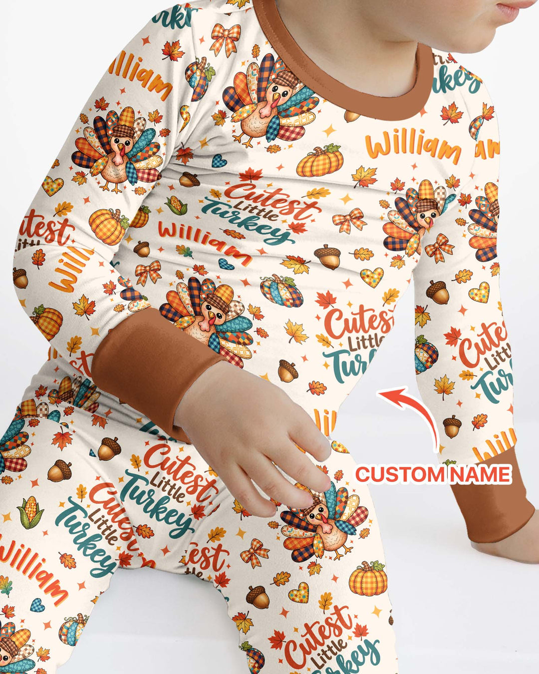 Custom Name Cutest Little Turkey Bamboo Two Piece Long Sleeve Pajama Set