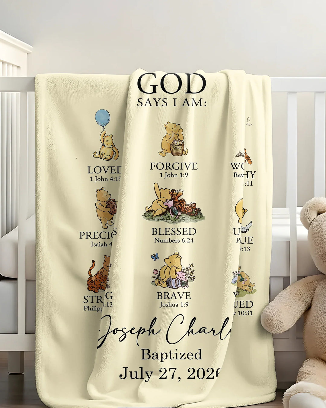 Personalized Baptism Classic Bear Bible Verses Bamboo Blanket