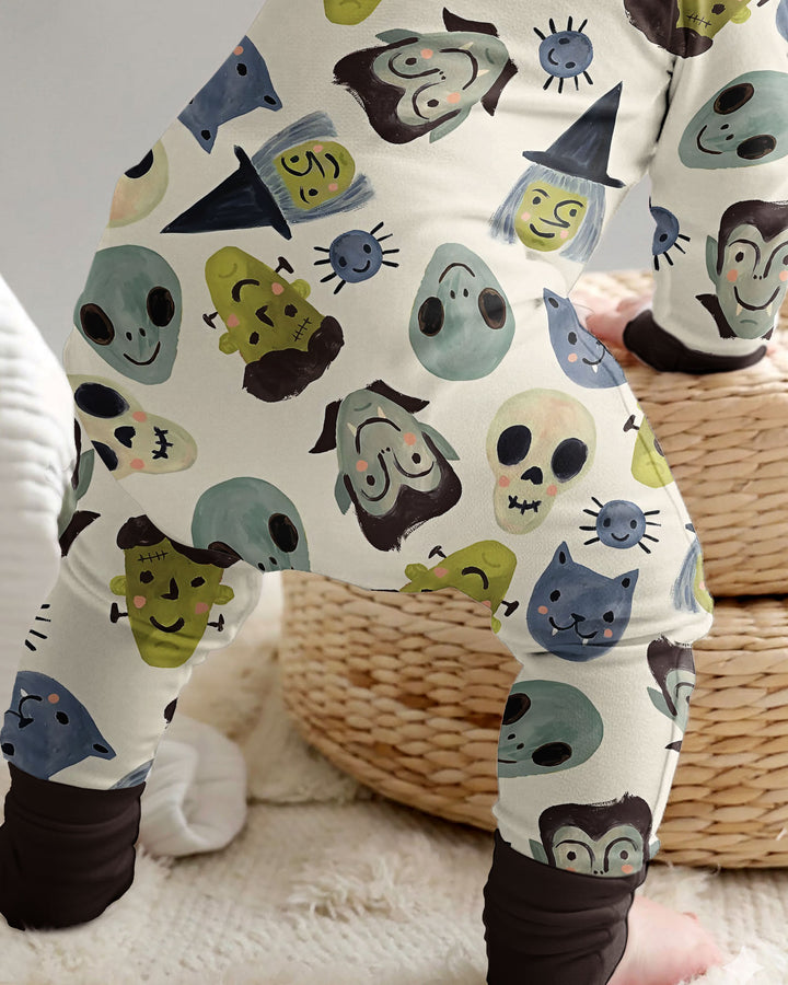 Halloween Gesichts-Bambus-Strampler mit Reißverschluss