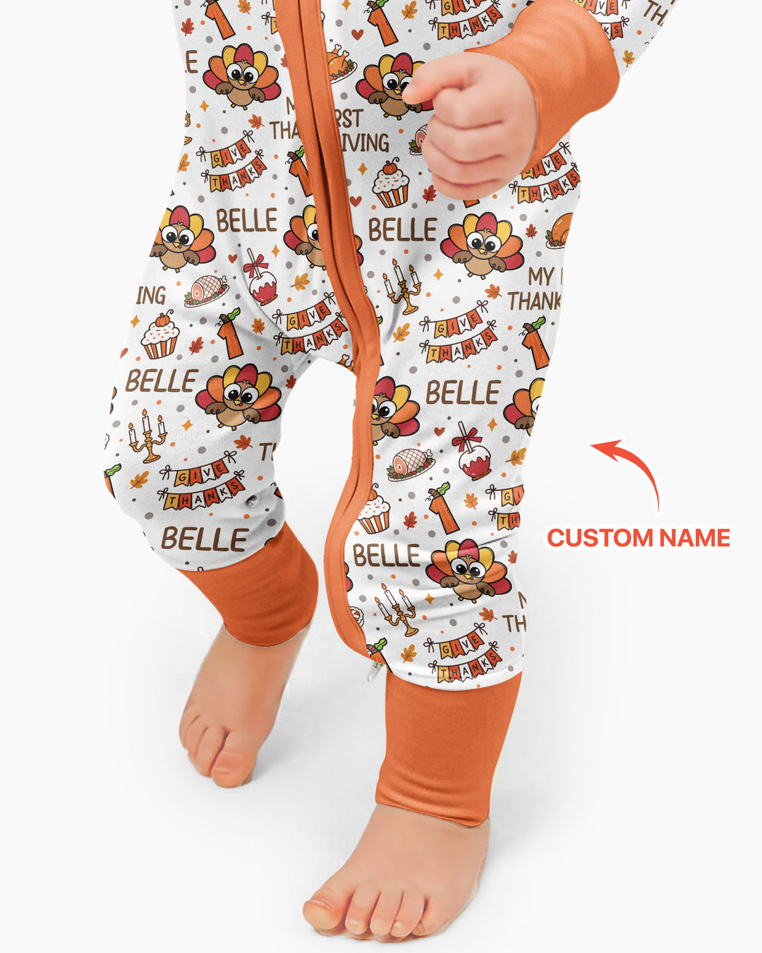 Custom Name Doodle Turkey My First Thanksgiving Bamboo Convertible Zippy