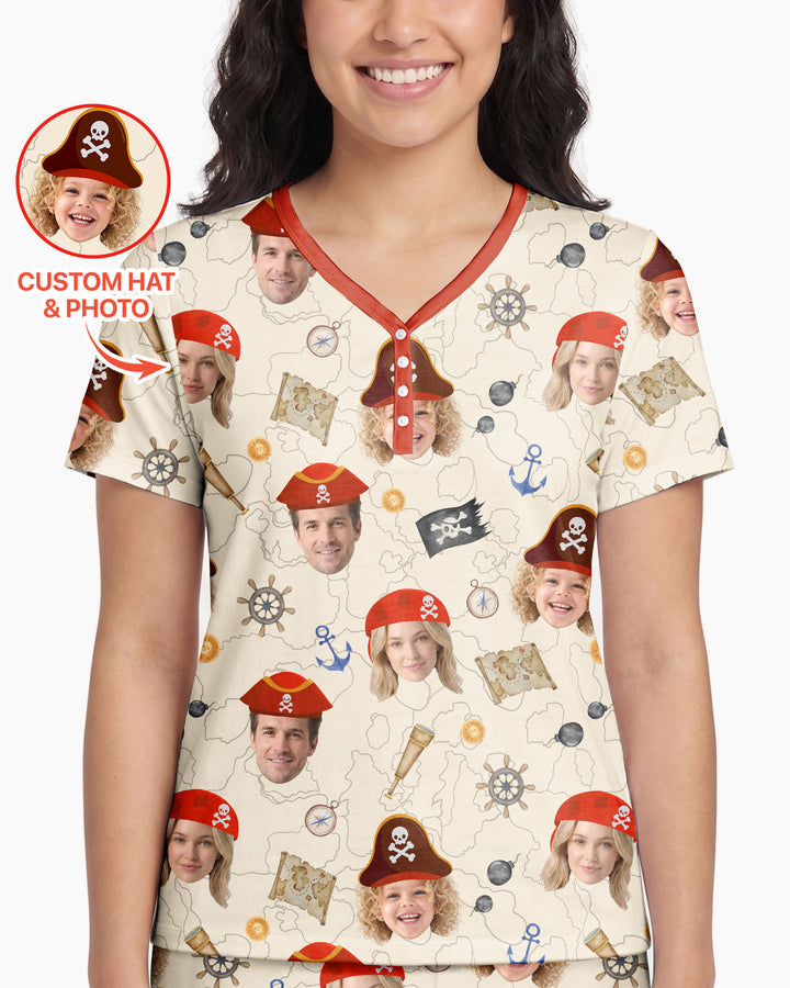 Custom Photo Treasure Map Adventures Family Matching Bamboo Women Short Sleeve Short Pajama Set
