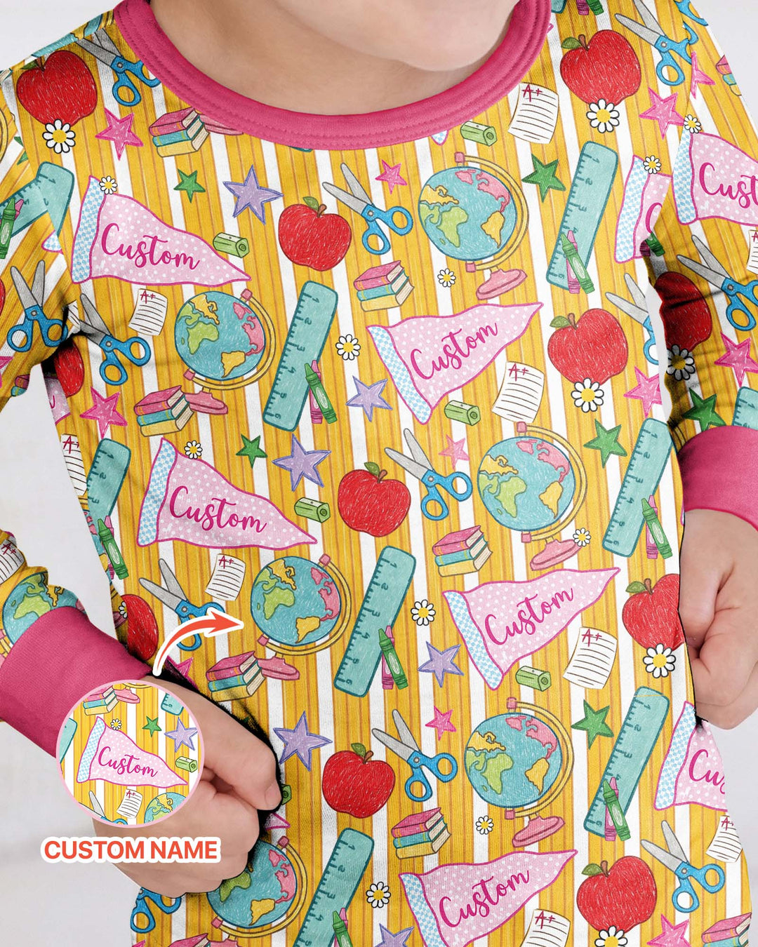 Custom Back To School Pennant Bamboo Two Piece Long Sleeve Pajama Set
