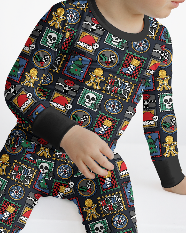 Retro Spooky Christmas Stamp Bamboo Two Piece Long Sleeve Pajama Set