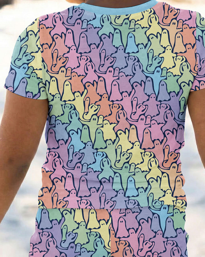 Pastel Rainbow Ghost Halloween Bamboo Two Piece Short Sleeve Pajama Set