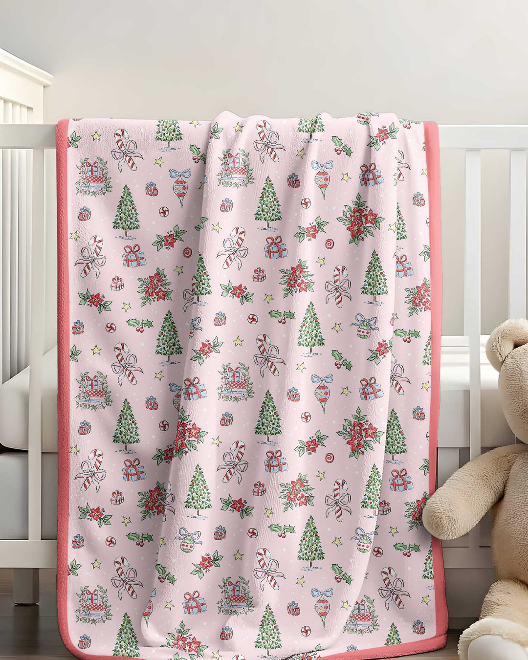 Watercolor Pink Christmas Holidays Christmas Tree Gifts Candy Cane Bamboo Blanket