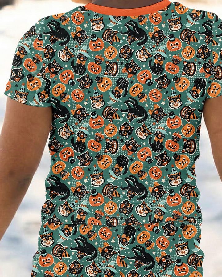 Retro Black Cat Witch Pumpkin Halloween Bamboo Two Piece Short Sleeve Pajama Set