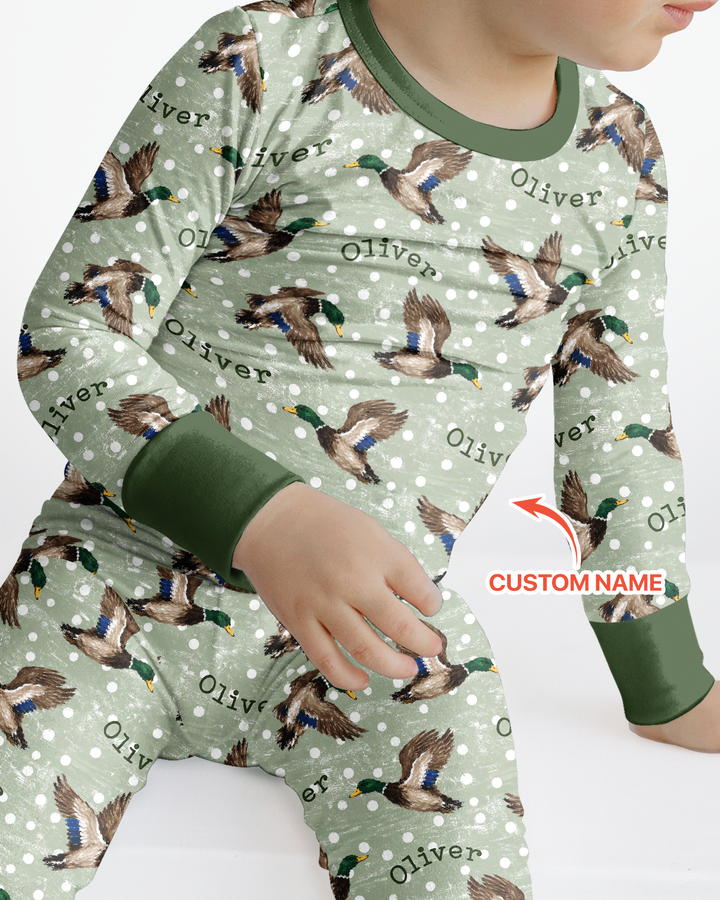 Custom Name Flying Mallard Duck Bamboo Two Piece Long Sleeve Pajama Set