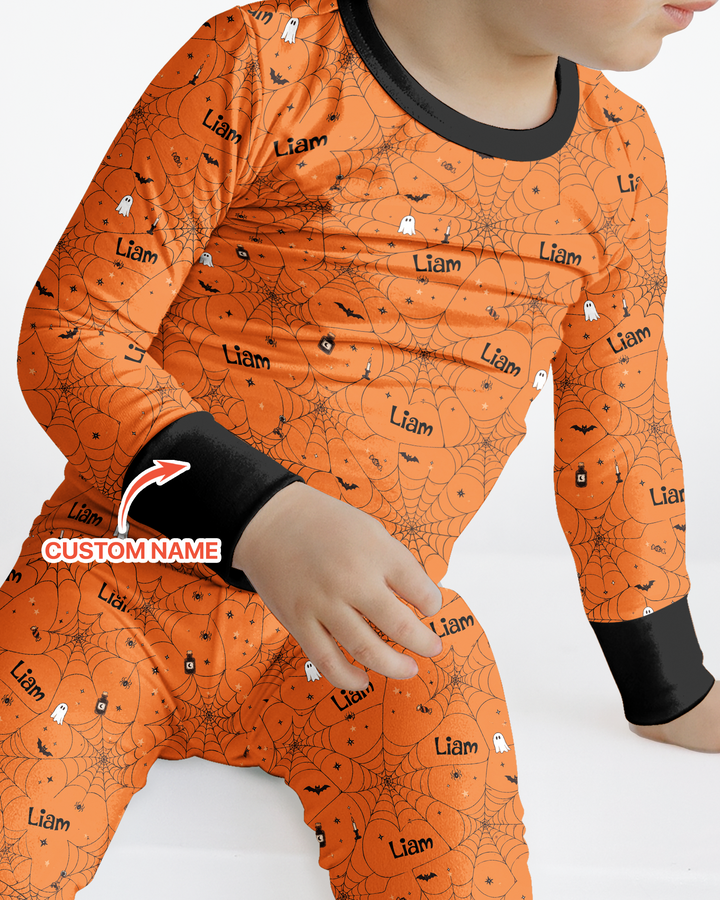 Spooky Spider Web Halloween Custom Name Bamboo Two Piece Long Sleeve Pajama Set