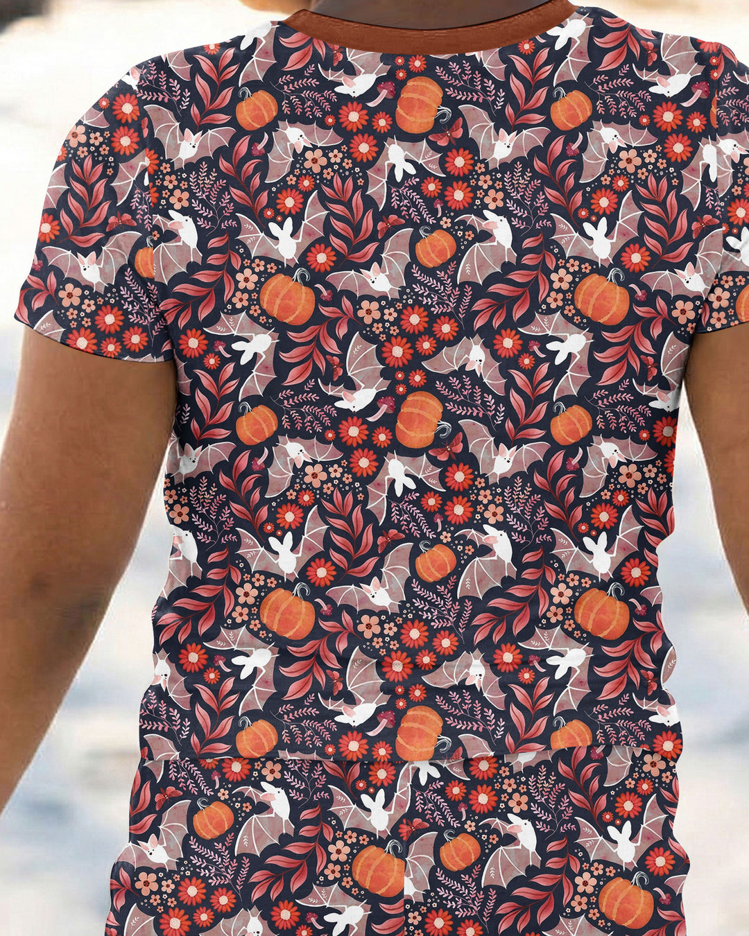 Bat Pumpkin Floral Halloween Bamboo Two Piece Short Sleeve Pajama Set
