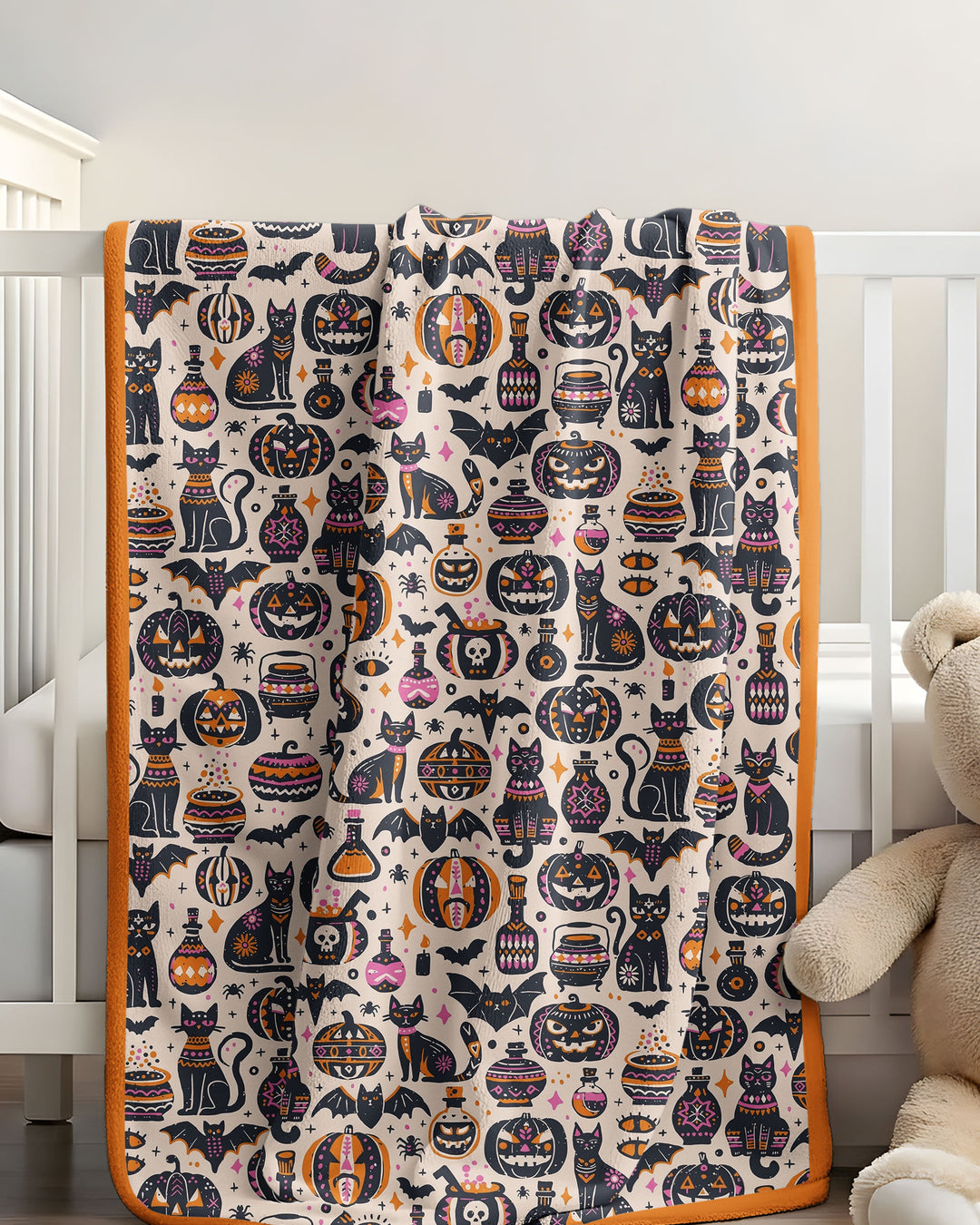 Whimsical Tribal Retro Halloween Black Cats Pumpkins Bamboo Blanket