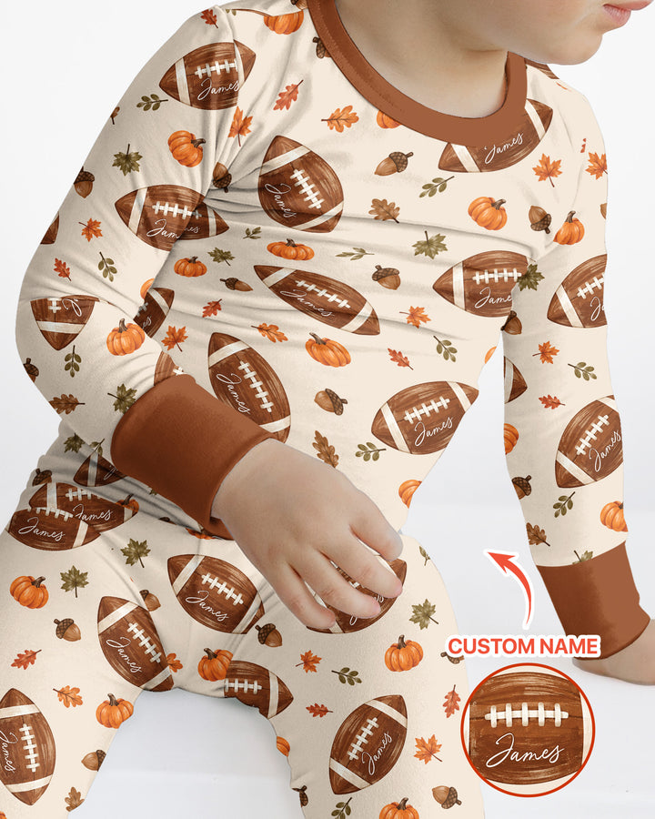 Custom Name Football Season Happy Fall Bamboo Two Piece Long Sleeve Pajama Set