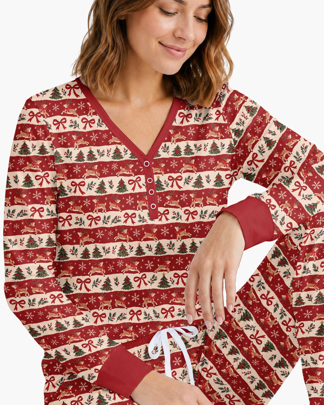 Vintage Reindeer Christmas Stripes Bamboo Women Pajama Set