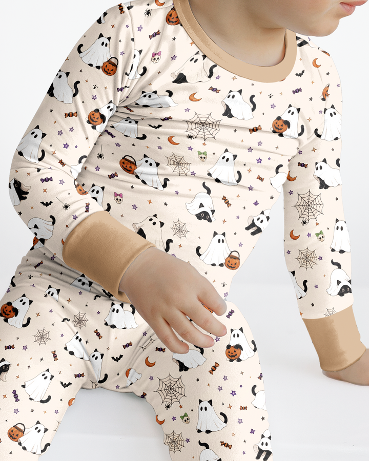 Ghost Cat Vintage Halloween Bamboo Two Piece Long Sleeve Pajama Set