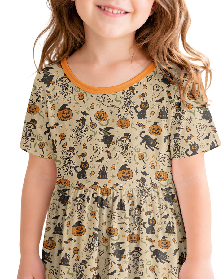 Vintage Skeleton Pumpkin Halloween Bamboo Twirl Dress