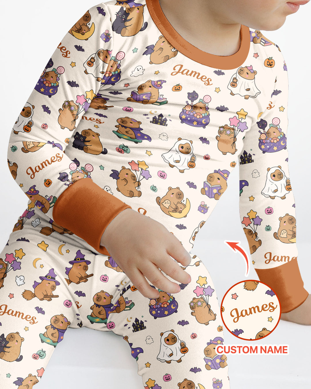 Custom Name Kawaii Halloween Capybara Bamboo Two Piece Long Sleeve Pajama Set