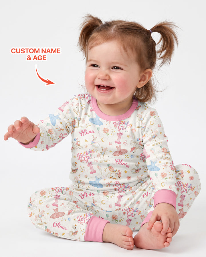 Ballerina Birthday Girl Custom Name & Age Bamboo Two Piece Long Sleeve Pajama Set