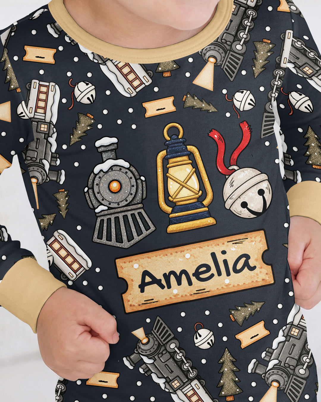 Custom Name Believe Kid Train Bamboo Two Piece Long Sleeve Pajama Set