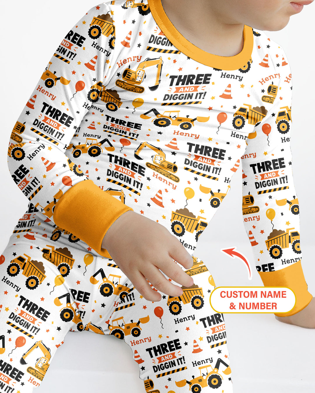 Personalized Birthday Construction Truck Diggin It Bamboo Two Piece Long Sleeve Pajama Set