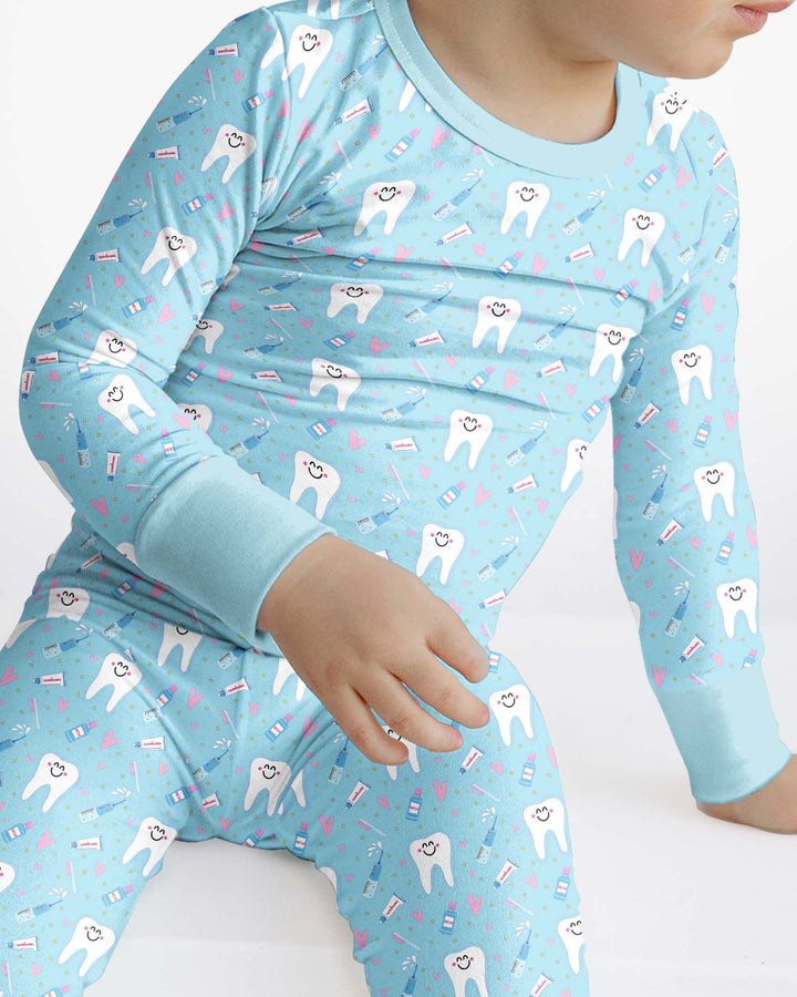 Brushing Teeth Blue Bamboo Two Piece Long Sleeve Pajama Set