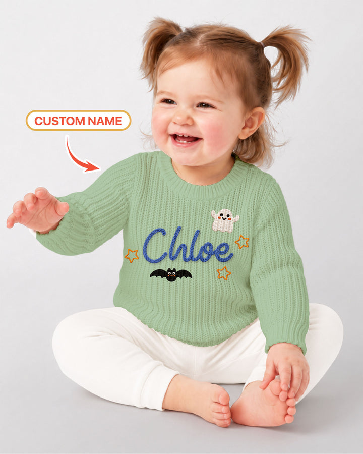 Happy Halloween Embroidered Baby Name Bamboo Knit Sweater Bubble