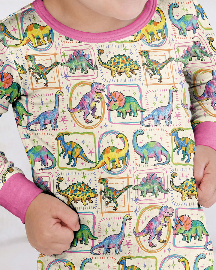 Colorful Dino Sketchbook Bamboo Two Piece Long Sleeve Pajama Set